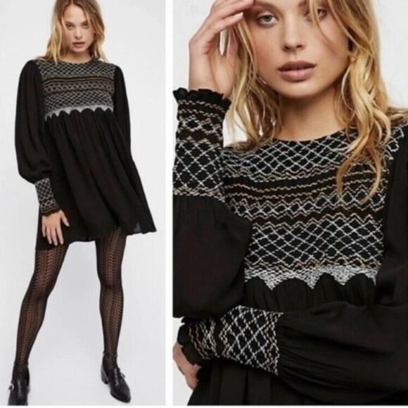 Free People Late Night Picnic Smocked Mini Dress Black Small Dark Romantic - Picture 1 of 8